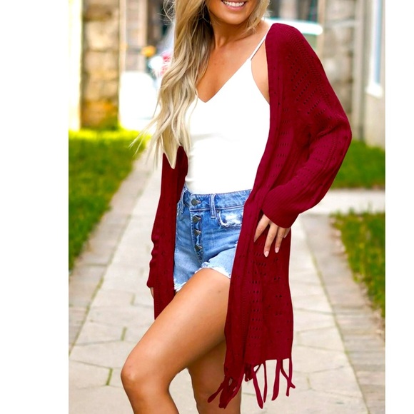 Lightweight Cardigan Knit Open Front Hollow Out Tassel Crochet Loose Sweater - Picture 1 of 9